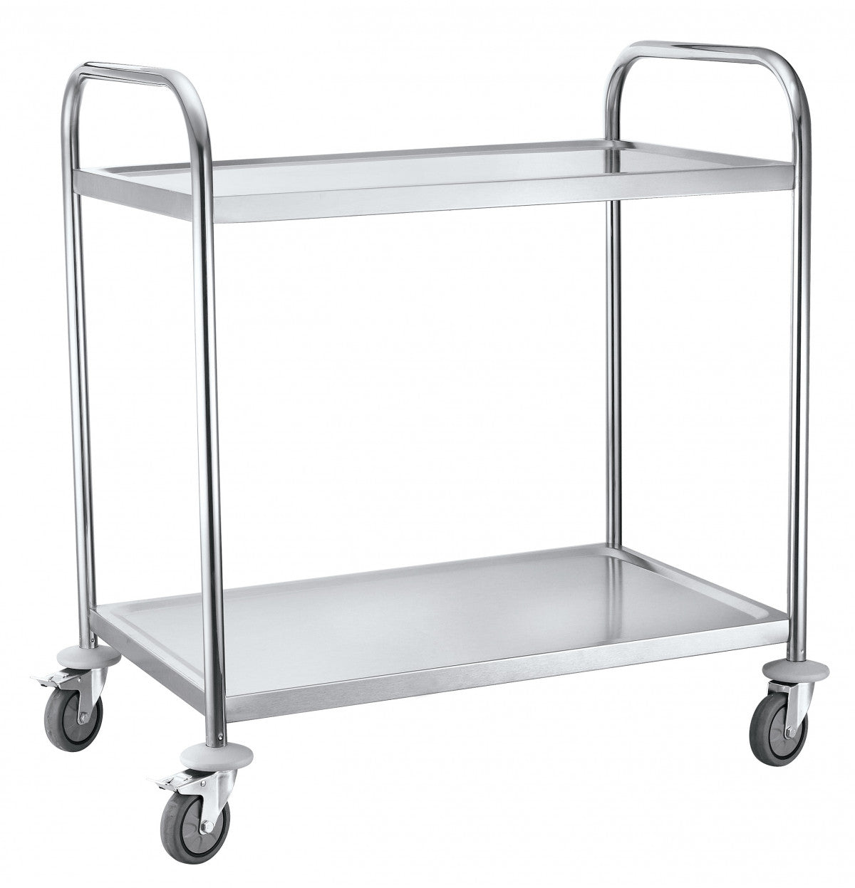 Rostfri plattformsvagn, 2 hyllplan, 845x525x950mm, 50kg/hyllplan med hjul och robust design för industri och butik.