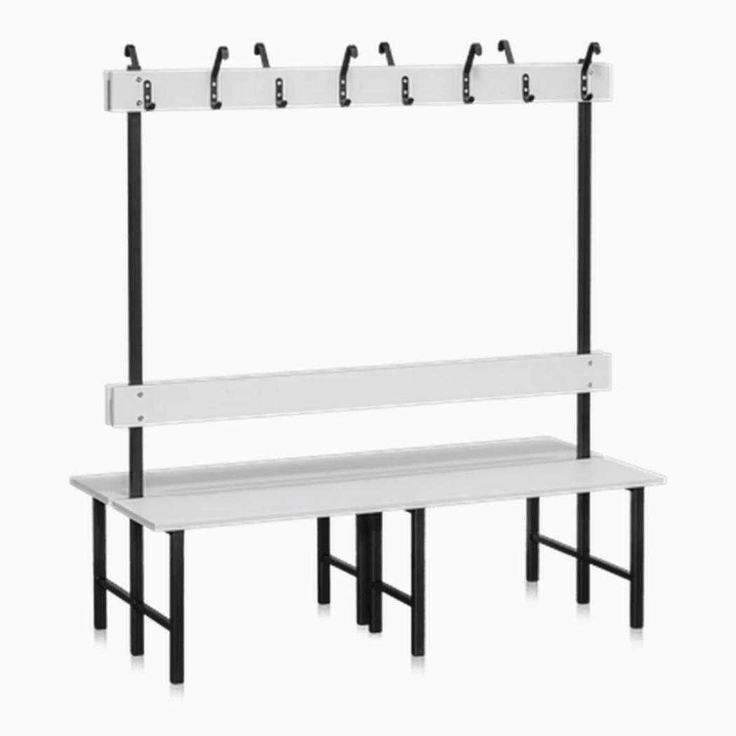 Sittbänk Dubbelsektion 1000-2000 mm Ljusgrå med svart pulverlackerat underrede och kroklist för omklädningsrum.
