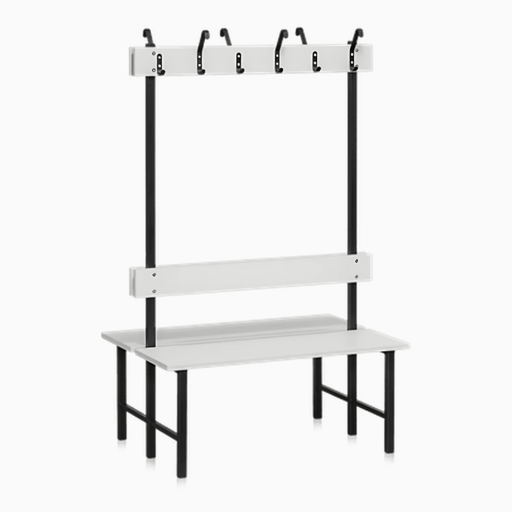 Sittbänk Dubbelsektion 1000-2000 mm Ljusgrå med svart pulverlackerat underrede och krokar för kläder.