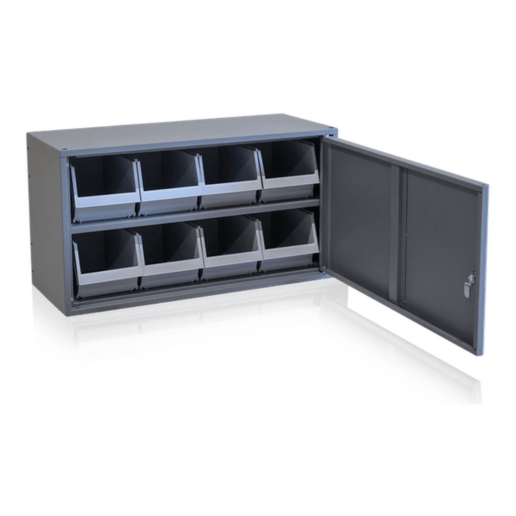 Skåp 1 hyllplan 660x280x360mm inkl 8 backar med nyckellås och flyttbart hyllplan för enkel organisering.