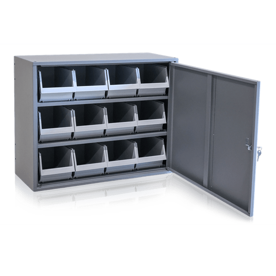 Skåp, 2 hyllplan, 660x280x475mm, inkl. 12 backar med nyckellås och flyttbara hyllplan för organiserad förvaring.