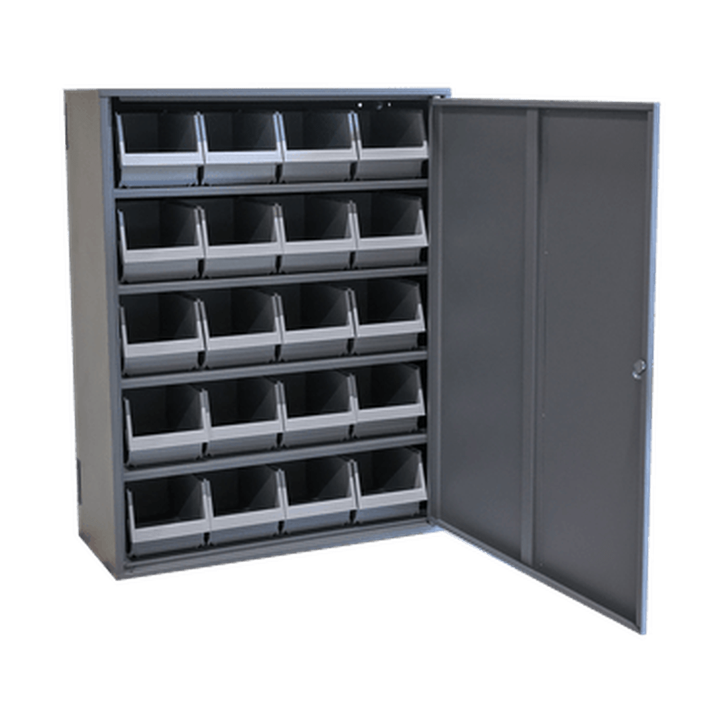 Skåp, 4 hyllplan, 660x280x775mm, inkl. 20 backar med öppen dörr och grå plastbackar för organiserad förvaring.