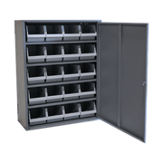 Skåp, 4 hyllplan, 660x280x775mm, inkl. 20 backar med öppen dörr och grå plastbackar för organiserad förvaring.
