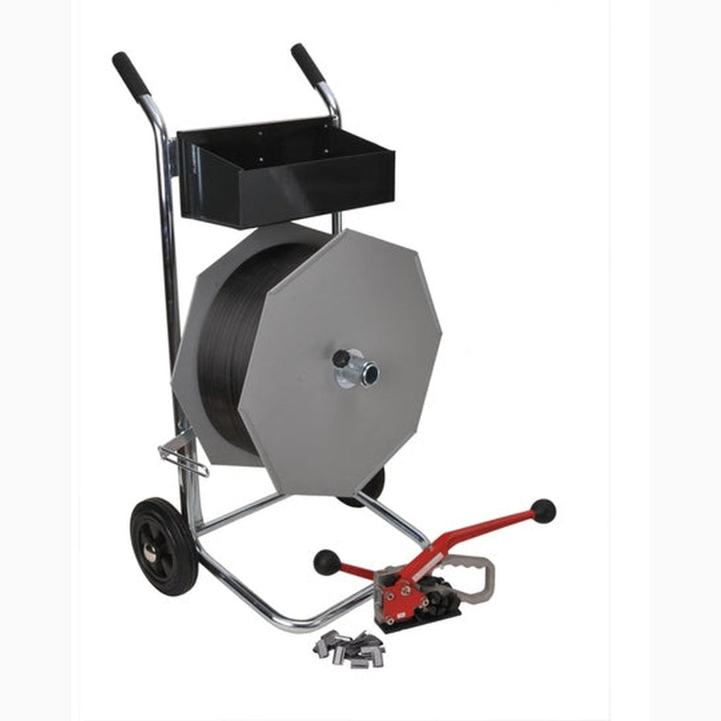 Startpaket PP-band, 12x0,7mm, 1500m med robust avrullare och kombi-bandsträckare för effektiv bandhantering.