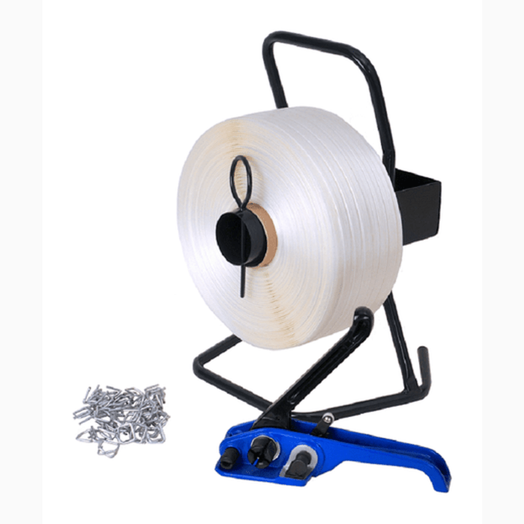 Startpaket WG-band med 13mm band 1100m, svart avrullare och blått batteriverktyg för effektiv bandhantering.