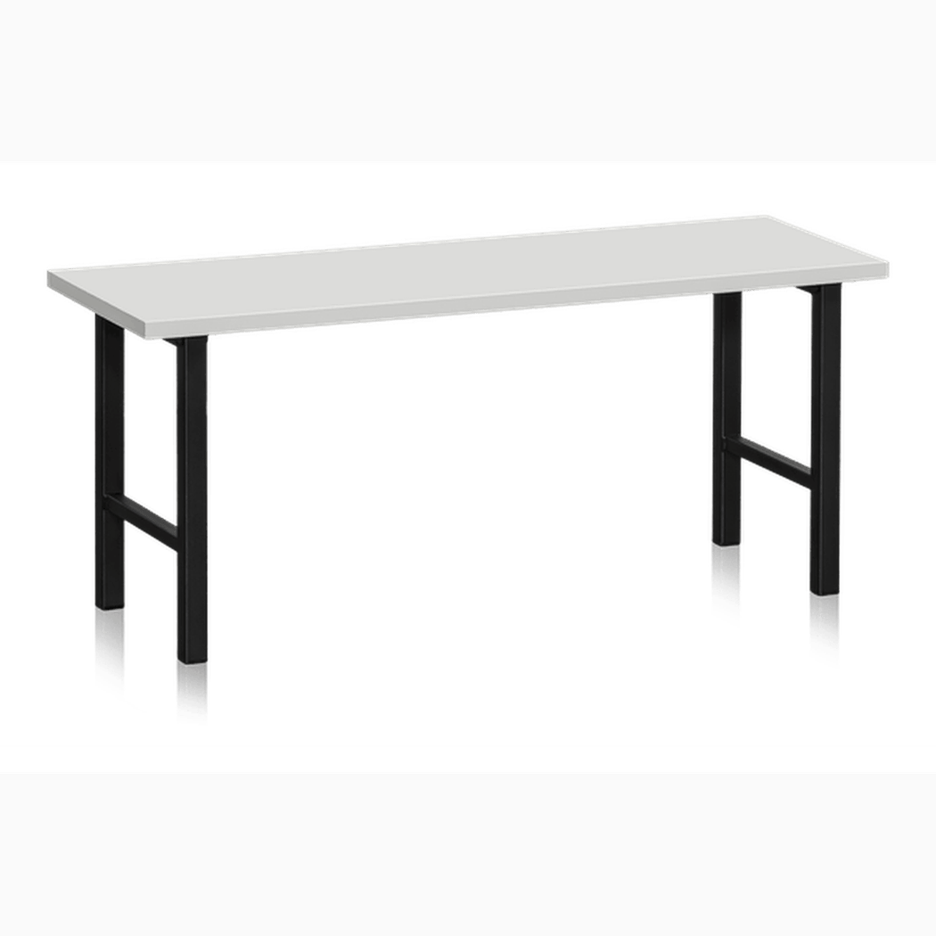 Sittbänk 1000-2000 mm ljusgrå med stabil svart stomme och laminatskiva för omklädningsrum, hallar och väntrum.