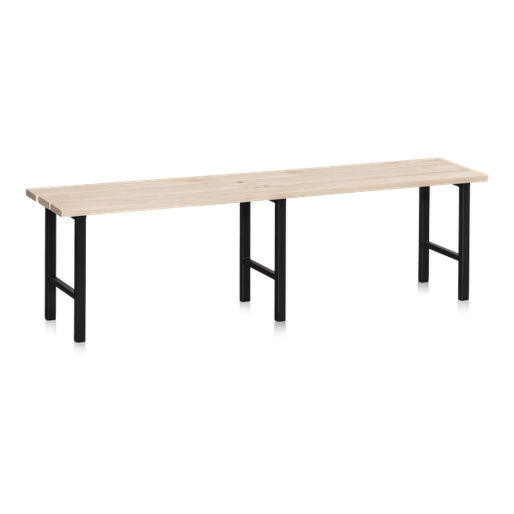 Sittbänk 1000-2000 mm Furu med lackerad yta och stabila pulverlackerade svart stålrörsben för omklädningsrum och entréer.
