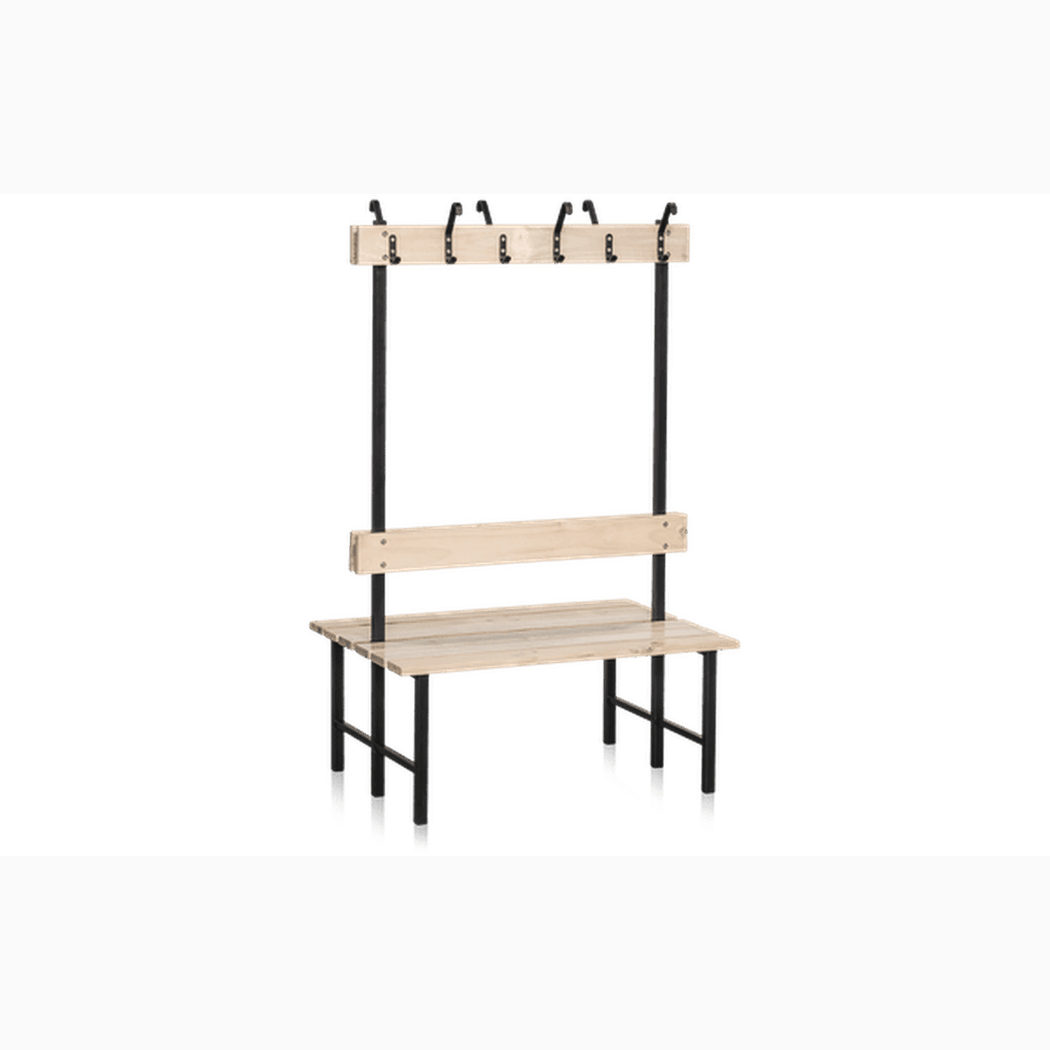 Sittbänk Dubbelsektion 1000-2000 mm Furu med klarlackad furu, svart pulverlackerat underrede och kroklist för upphängning.