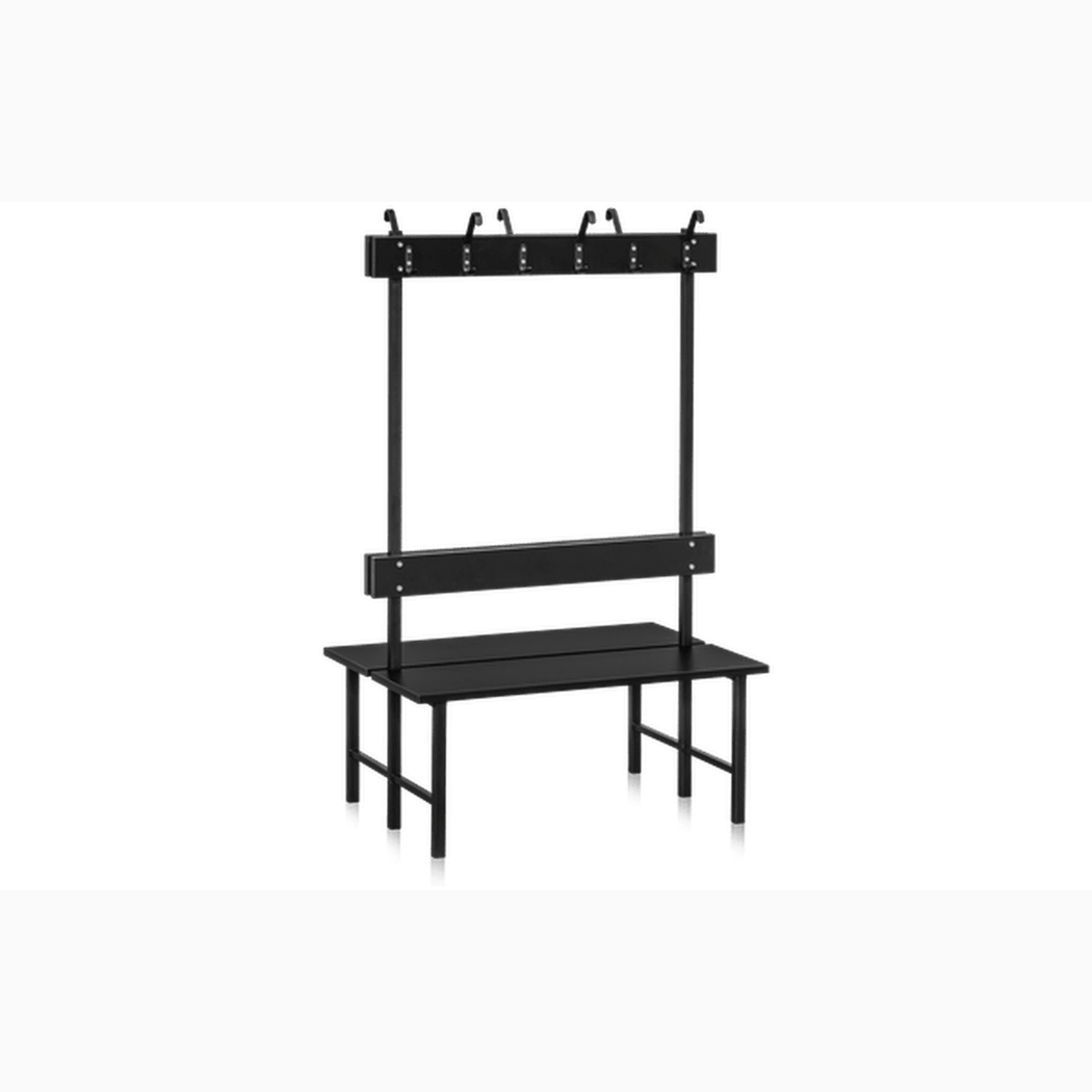 Sittbänk Dubbelsektion 1000-2000 mm Svart i svart laminat med ryggbräda och kroklist för omklädningsrum och offentliga miljöer.