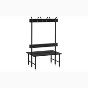 Sittbänk Dubbelsektion 1000-2000 mm Svart i svart laminat med ryggbräda och kroklist för omklädningsrum och offentliga miljöer.