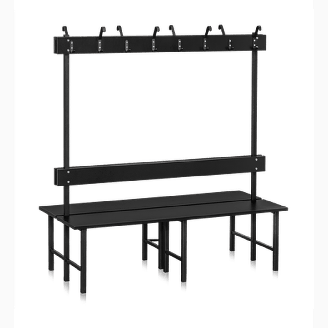 Sittbänk Dubbelsektion 1000-2000 mm Svart med robust laminat, ryggbräda och kroklist för omklädningsrum och offentliga miljöer.