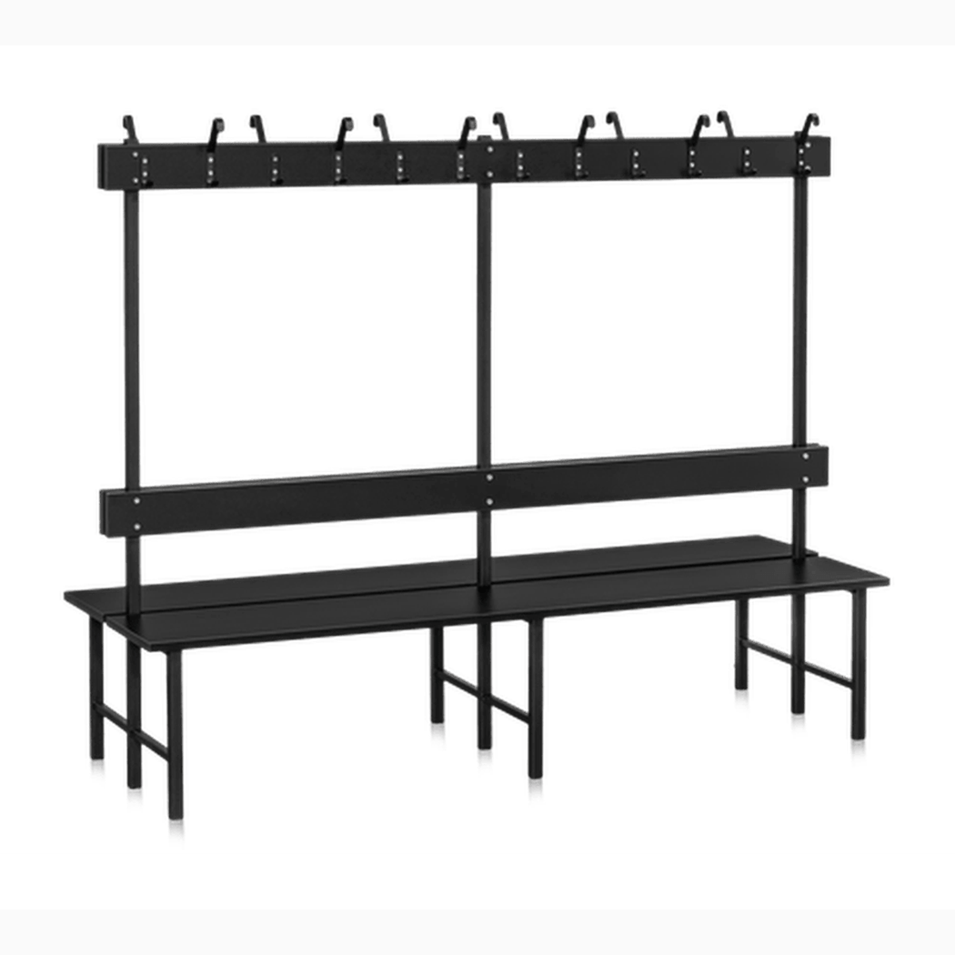 Sittbänk Dubbelsektion 1000-2000 mm Svart med svart laminat, kroklist och stabil pulverlackerad ram för omklädningsrum.