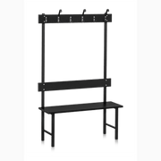 Sittbänk Enkelsektion 1000-2000 mm Svart med kroklist och ryggbräda, stabil och funktionell för omklädningsrum.