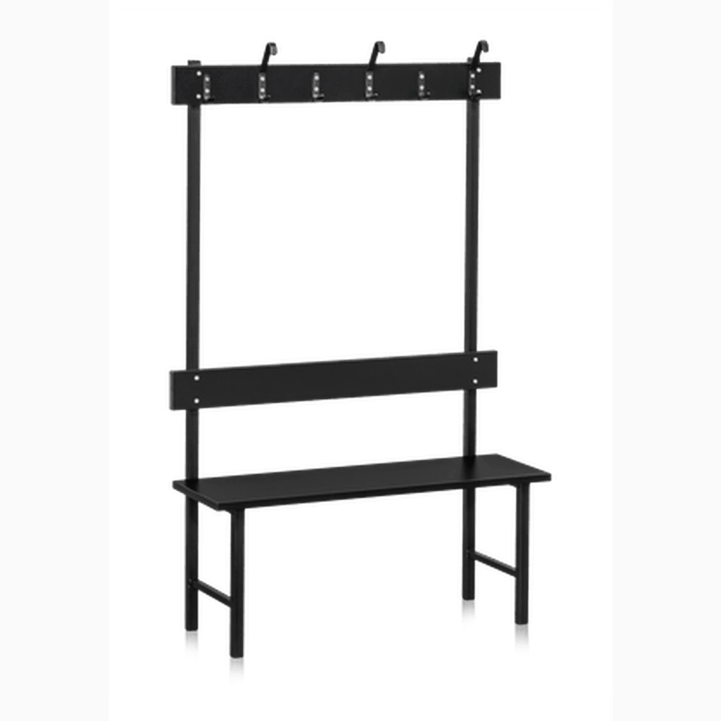 Sittbänk Enkelsektion 1000-2000 mm Svart med kroklist och ryggbräda, stabil och funktionell för omklädningsrum.