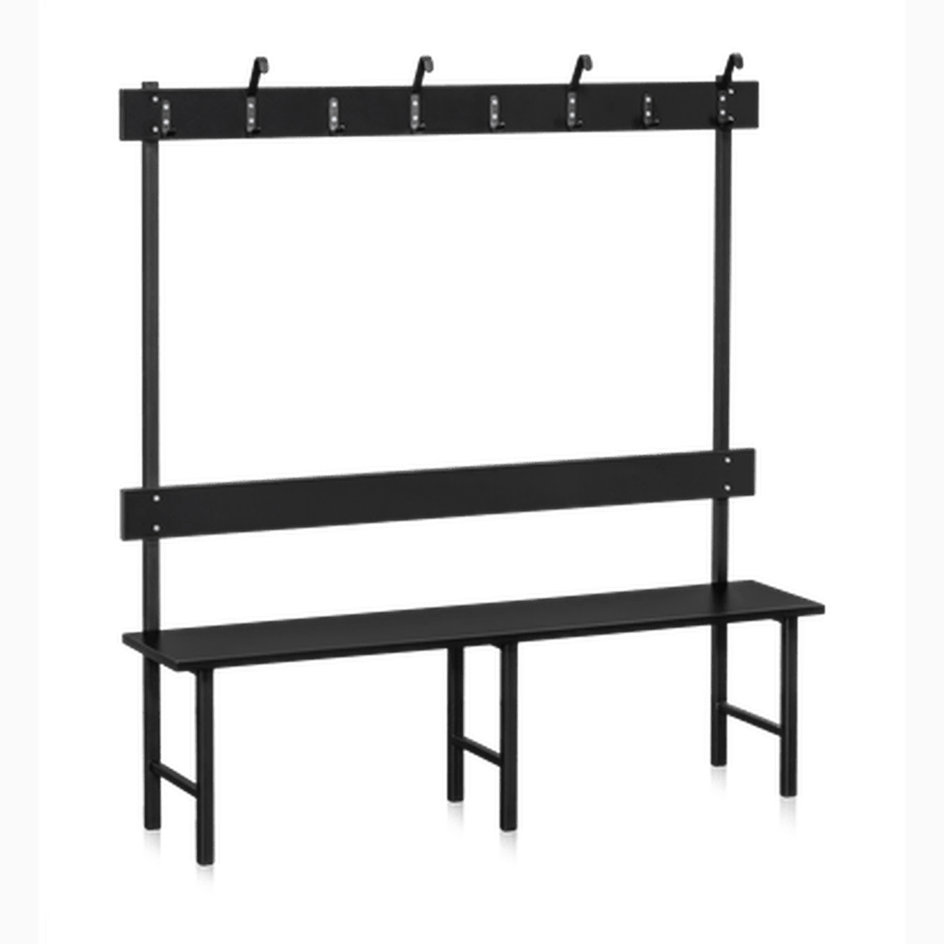 Sittbänk Enkelsektion 1000-2000 mm Svart med ryggbräda och kroklist i robust pulverlackerat underrede.