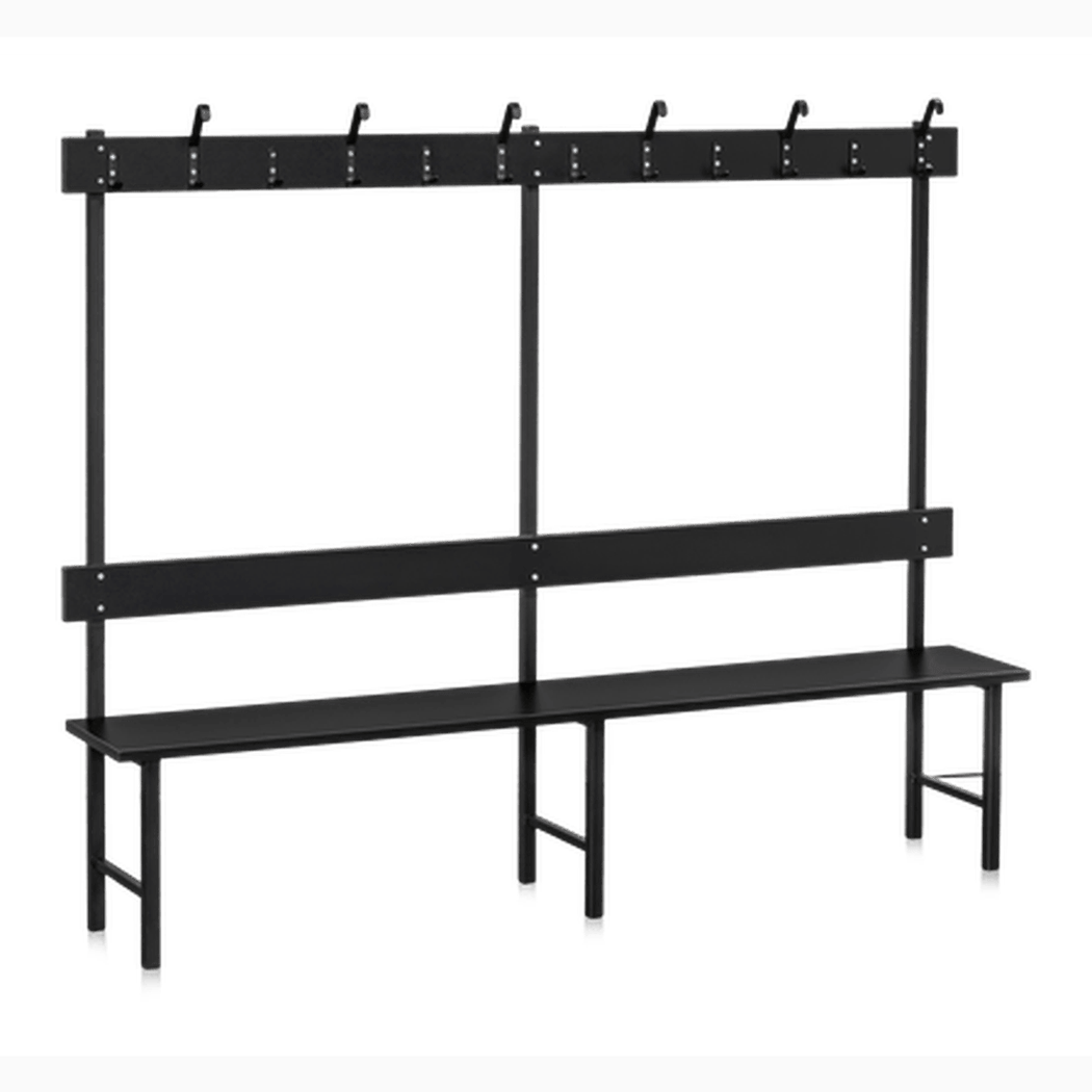 Sittbänk Enkelsektion 1000-2000 mm Svart med ryggstöd och kroklist, robust och ergonomisk för offentliga utrymmen.