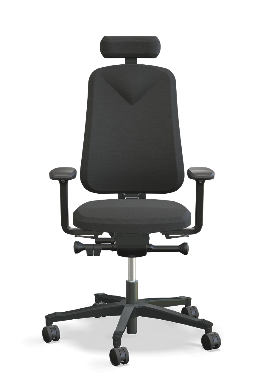 Kontorstol Höganäs 280 i svart med nackstöd och armstöd, ergonomisk och justerbar för kontorsarbete.