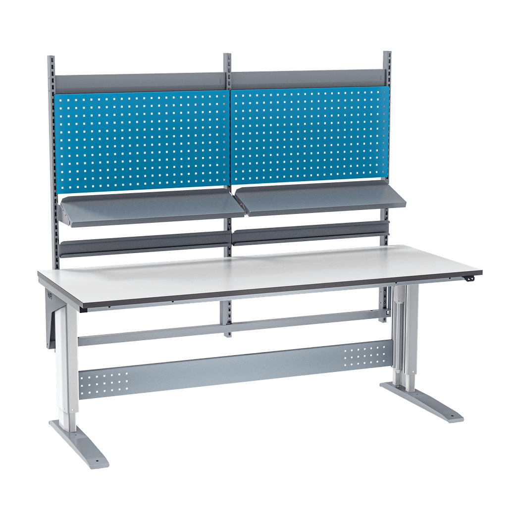 Höj- & sänkbart arbetsbord 112, 2000x800mm med laminatskiva, robust konstruktion och elektrisk höjdjustering.