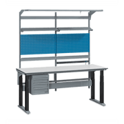 Höj- & sänkbart arbetsbord 4 pelare W280 2000x800 mm komplett B med hyllor, verktygspanel och lådor.