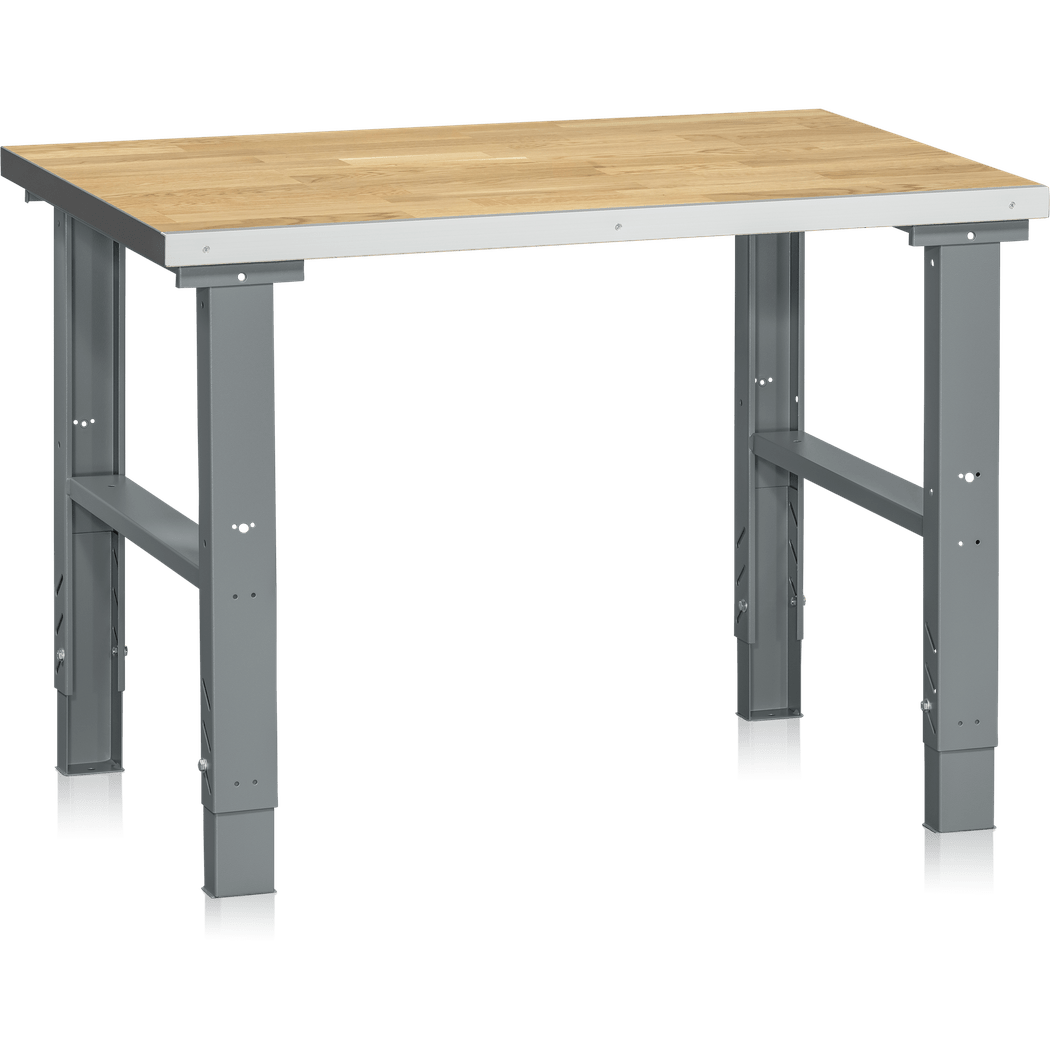 Arbetsbord HD, 500kg, 1200-2500x800mm med justerbara benbockar och slitstark ekparkettbordsplatta.
