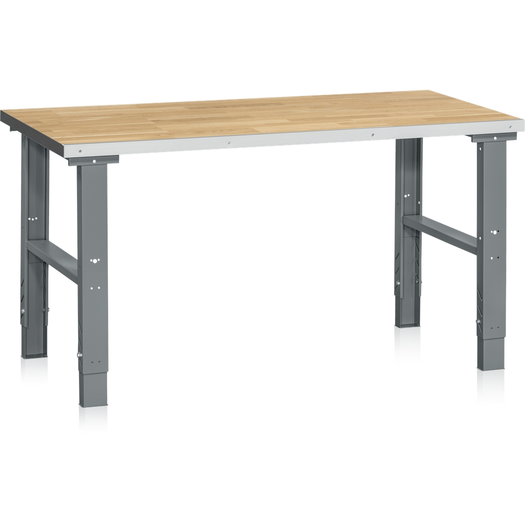 Arbetsbord HD, 500kg, 1200-2500x800mm, ekparkett med justerbara ben och robust ekparkettyta för verkstad och montering.