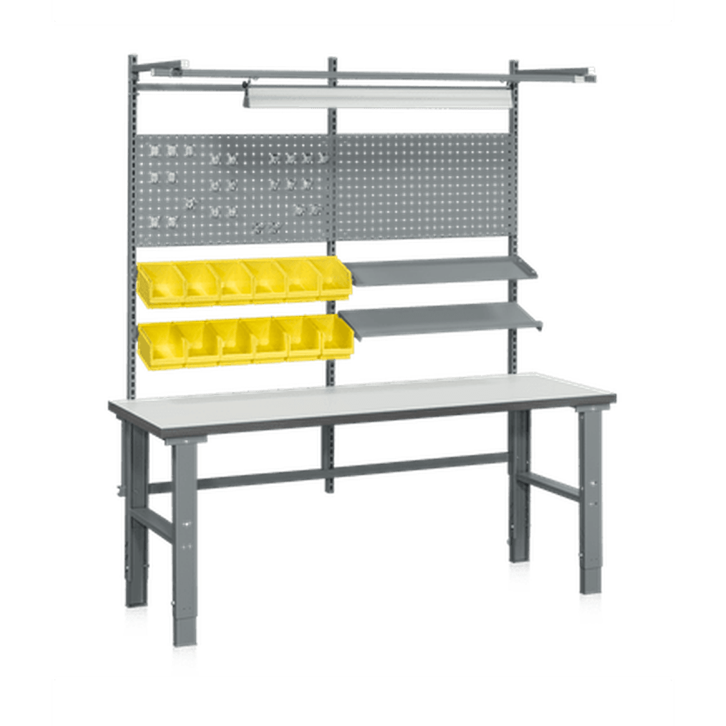 Arbetsbord Komplett HD 4 2000x800x40 mm med grålackerat stativ, laminatbordsskiva och förvaringslösningar för industriellt bruk.
