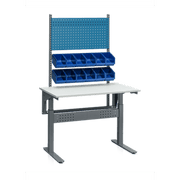 Höj- & sänkbart arbetsbord, 1200x800mm, 200kg, komplett B med perforerad panel och förvaringslådor för verktyg.