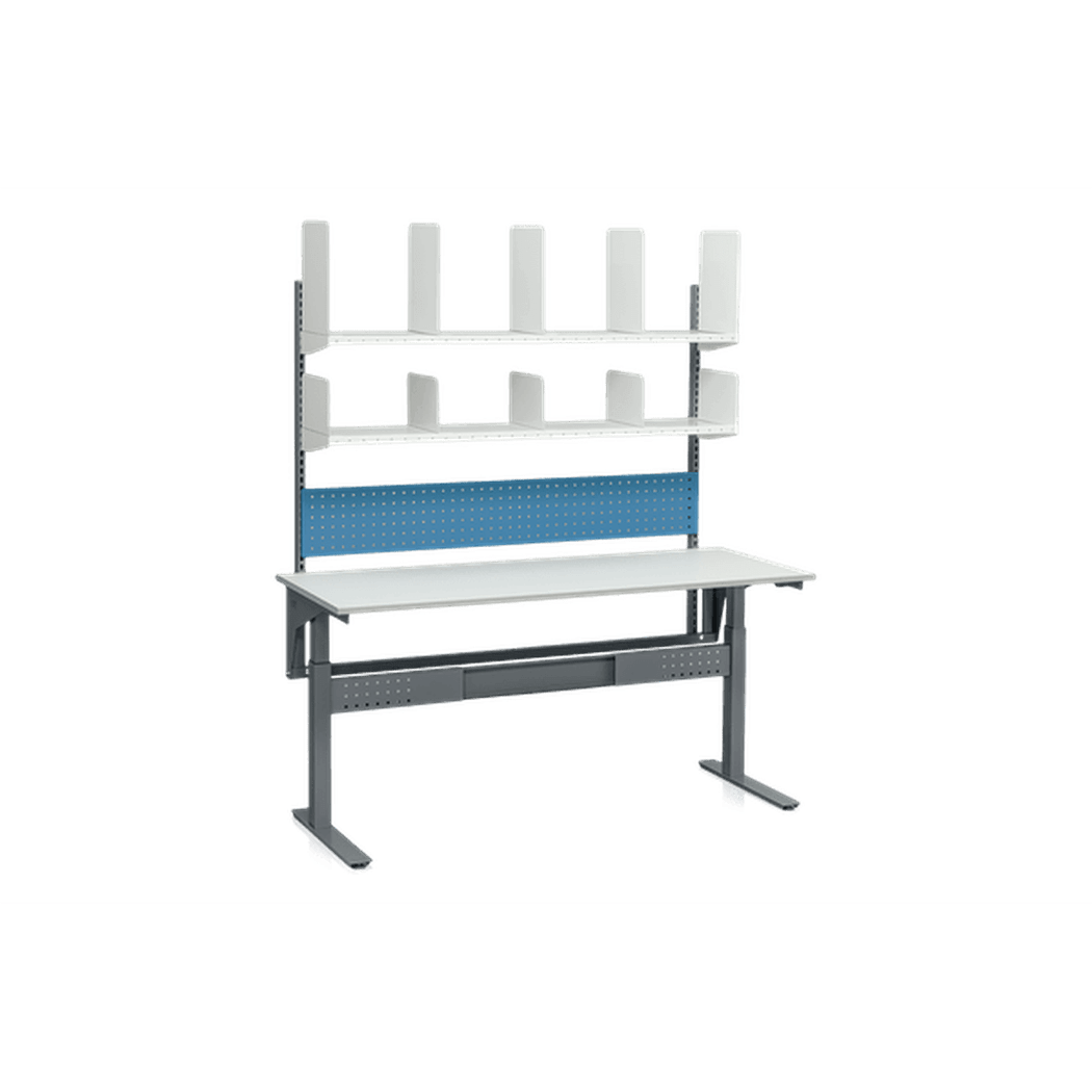Höj- & sänkbart arbetsbord W200 1800x800 Komplett A i lackerat stål med justerbar höjd och hyllplan för effektiv arbetsmiljö.