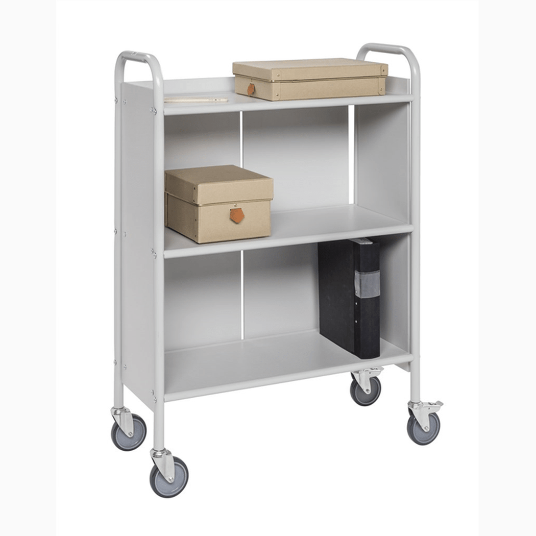 Arkivvagn, 3 hyllplan, 780x345x1115mm, 150kg, ljusgrå med hjul för effektiv dokument- och materialhantering.