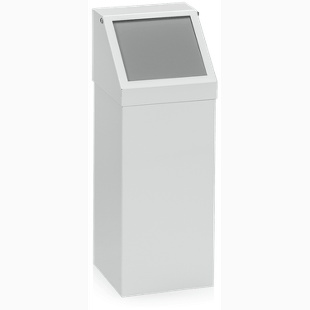 Avfallsbehållare Enkel 100 liter i slitstark plåt med vippbart lock och pulverlackerad yta för effektiv avfallshantering.