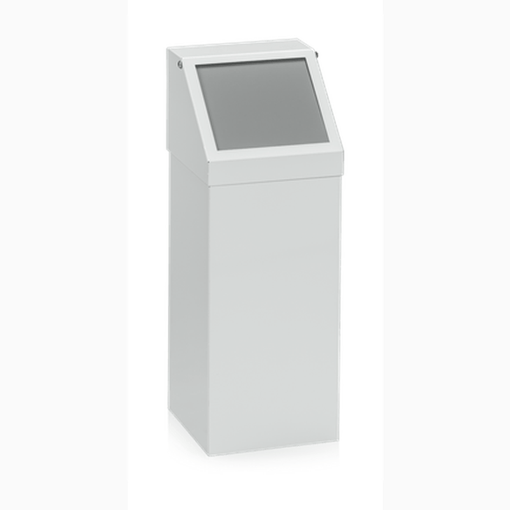 Avfallsbehållare Enkel 50 liter i robust plåt med vippbart lock och grå pulverlackerad finish för effektiv avfallshantering.
