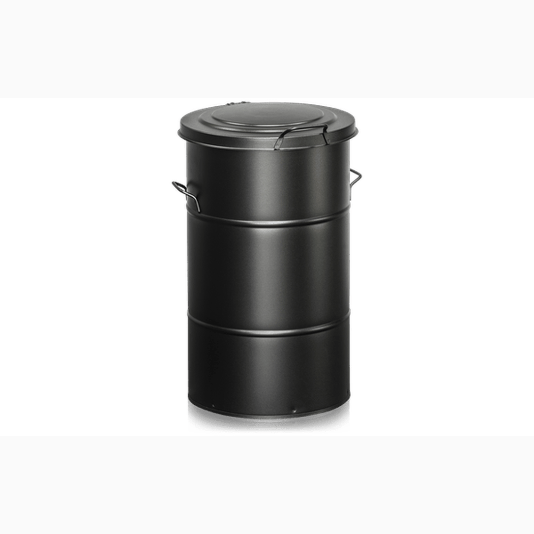 Avfallsbehållare, höjd 780 mm, 115 liter, svart cylinderformad med uppfällbart lock och bärhandtag.