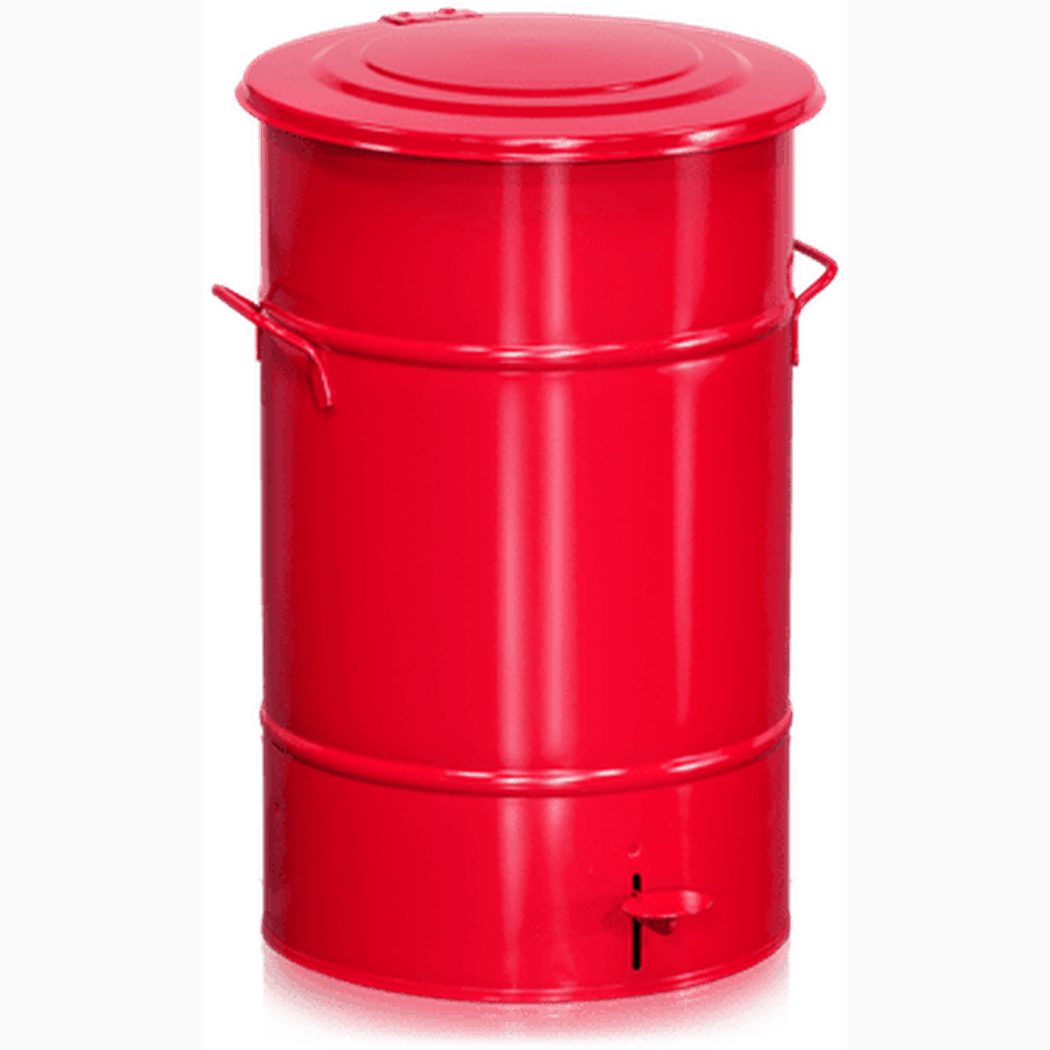 Avfallsbehållare, höjd 610 mm, 70 liter, inkl. fotpedal i röd varmförzinkad plåt med bärhandtag och hygienisk öppning.