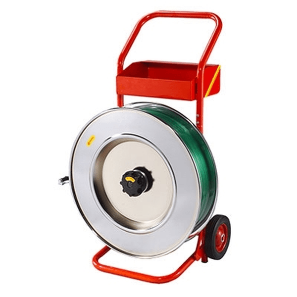 Avrullare, 406mm, PET/Stålband, Röd med robust stålkonstruktion och praktisk låda för bandverktyg och lås.