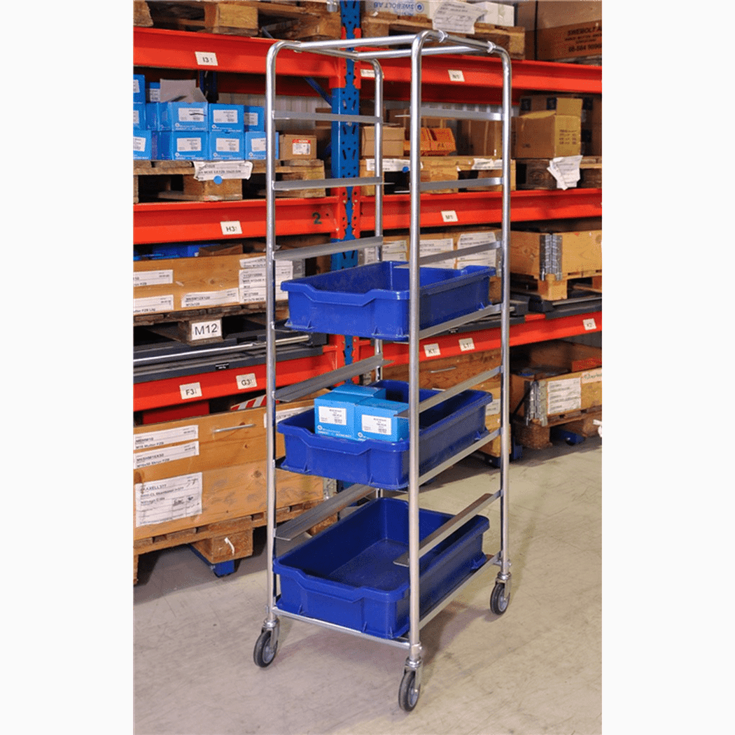 Backvagn, 460x590x1880mm, 8 hyllplan i elförzinkat stål med 4 länkhjul för effektiv lagerhantering.