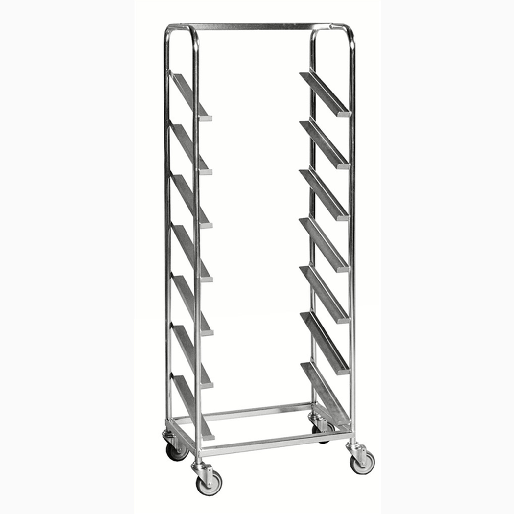 Backvagn, 660x410x1850mm, 7 hyllplan i elförzinkat stål med lutande gejdrar och länkhjul för effektiv transport av Europabackar.