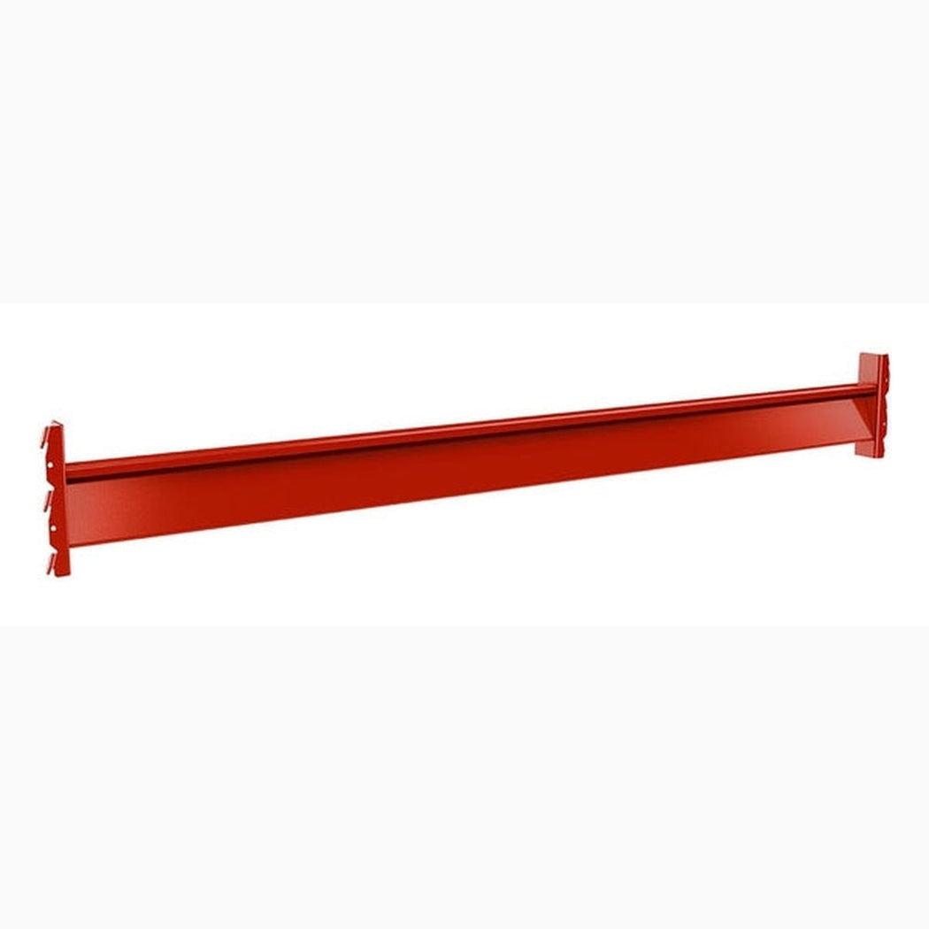 The Bärbalk 1850mm, 2 pallar is a red metal pallet rack beam with connector brackets on both ends, designed for lager och logistik warehouse shelving and ideal for tunga laster. Shown on a white background.