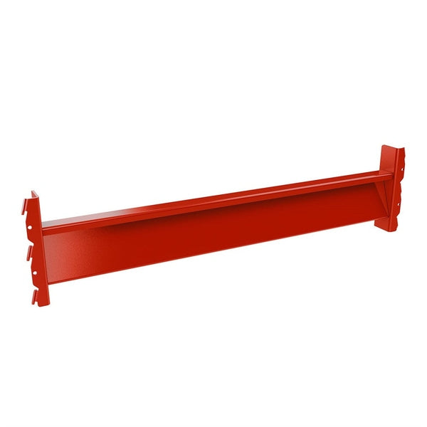 The Bärbalk 950mm, 1 pall is a red metal shelf beam with hooks at both ends for easy attachment. It features robust construction for industrial shelving or pallet racking and has a rectangular shape with a smooth, glossy finish.