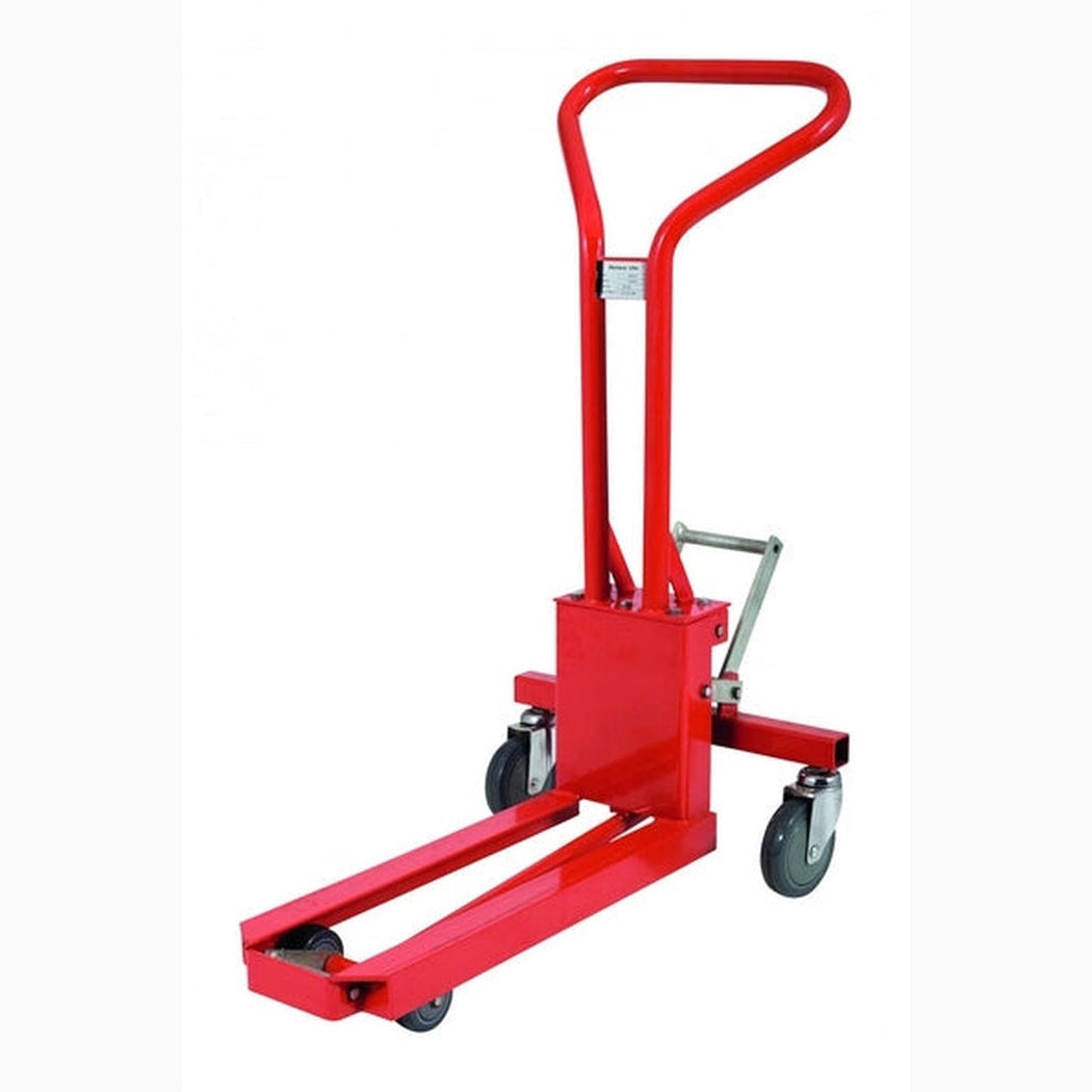 Butiksgaffellyftvagn för 1/4 pallar, Röd med mekanisk höj- och sänkningsfunktion för effektiv pallhantering.