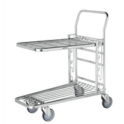 Butiksvagn med ställbart gallerhyllplan 860x530x1010 mm med justerbar hylla och smidiga länkhjul för lager och butik.