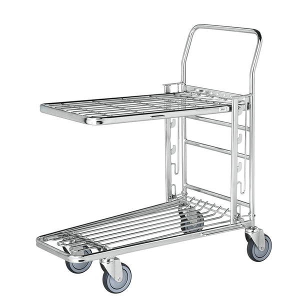Butiksvagn med ställbart gallerhyllplan 860x530x1010 mm med justerbar hylla och smidiga länkhjul för lager och butik.