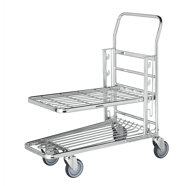 Butiksvagn med ställbart gallerhyllplan 860x530x1010 mm med justerbart hyllplan och länkhjul för butik och lager.