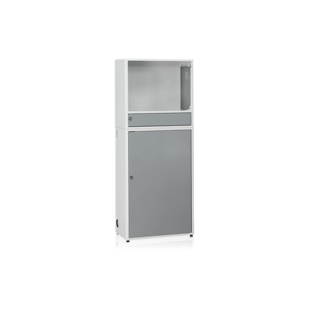 Datorskåp Komplett Grå med ventilering, låsbart skåp och utdragbar tangentbordshylla för industri och lager.