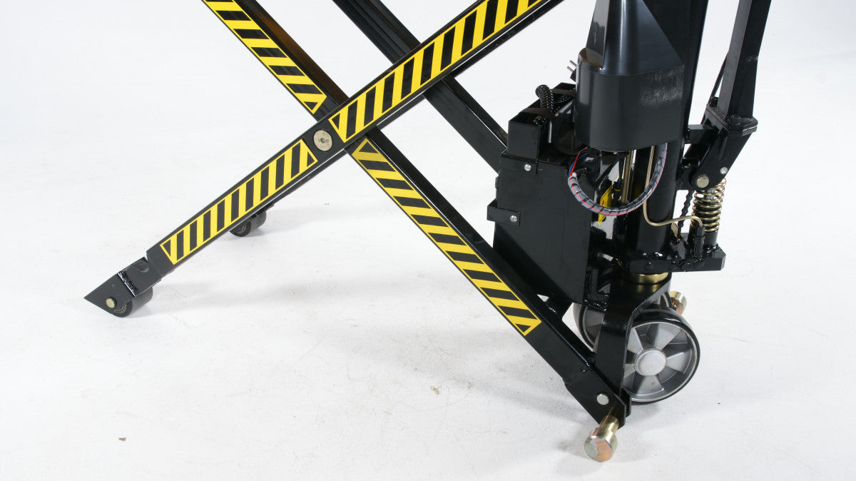 EL Saxlyftvagn, 1000kg, 540x1170mm, singel/poly med robust saxlyft och säkra markeringar för effektiv och säker lyftning.