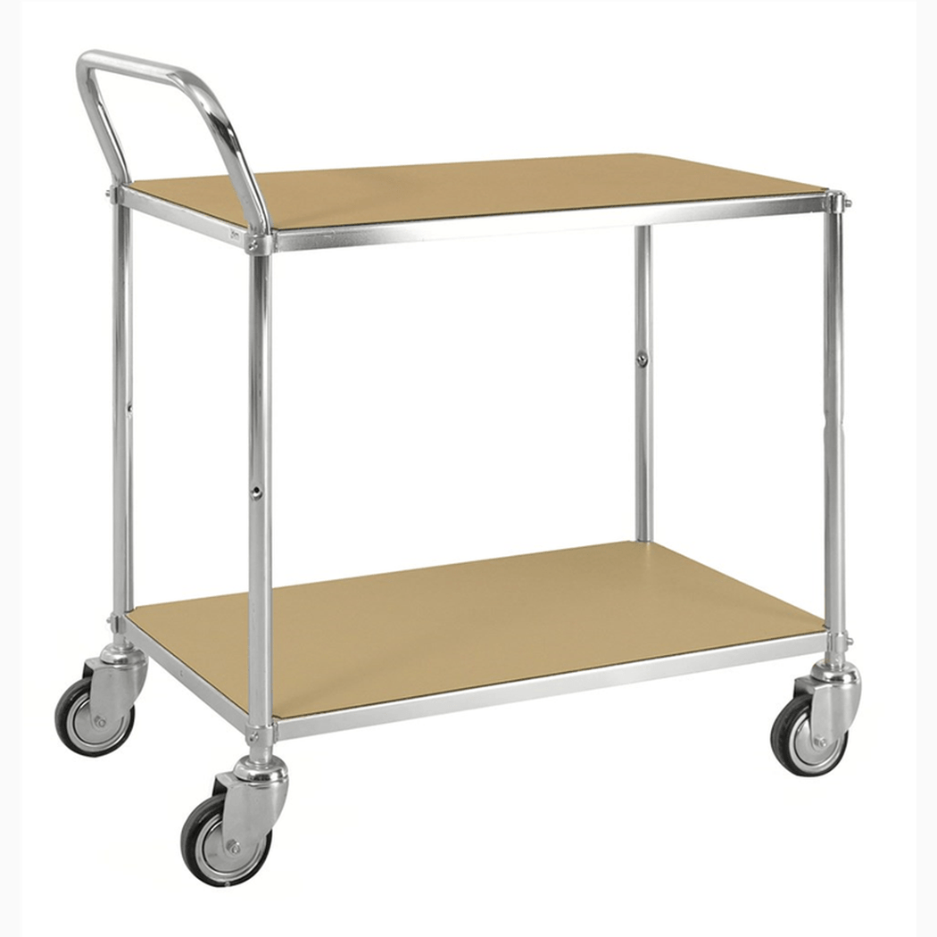 ESD bordsvagn 2 plan, elförzinkad med två hyllplan och fyra länkhjul för effektiv transport och hög lastkapacitet.