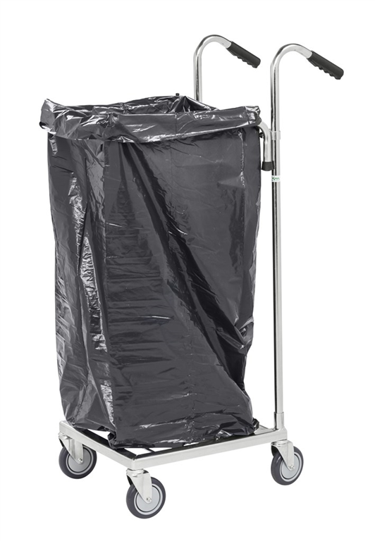 ESD säckställningsvagn, 660x385x1090mm, 35kg, elförzinkad med robust ram och 100mm länkhjul för effektiv avfallshantering.