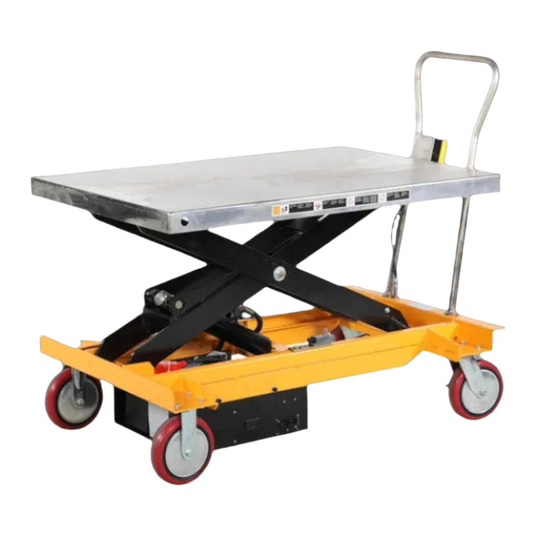 Elektrisk lyftbordvagn, 1200x800mm, 1000kg med robust konstruktion och fjärrkontroll för effektiv pallhantering.