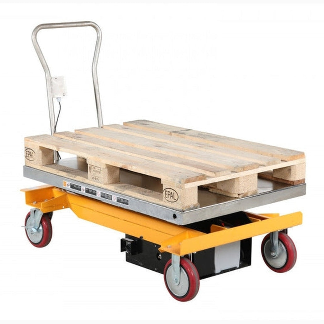 Elektrisk lyftbordvagn, 1200x800mm, 1000kg med robust konstruktion och fjärrkontroll för effektiv pallhantering.