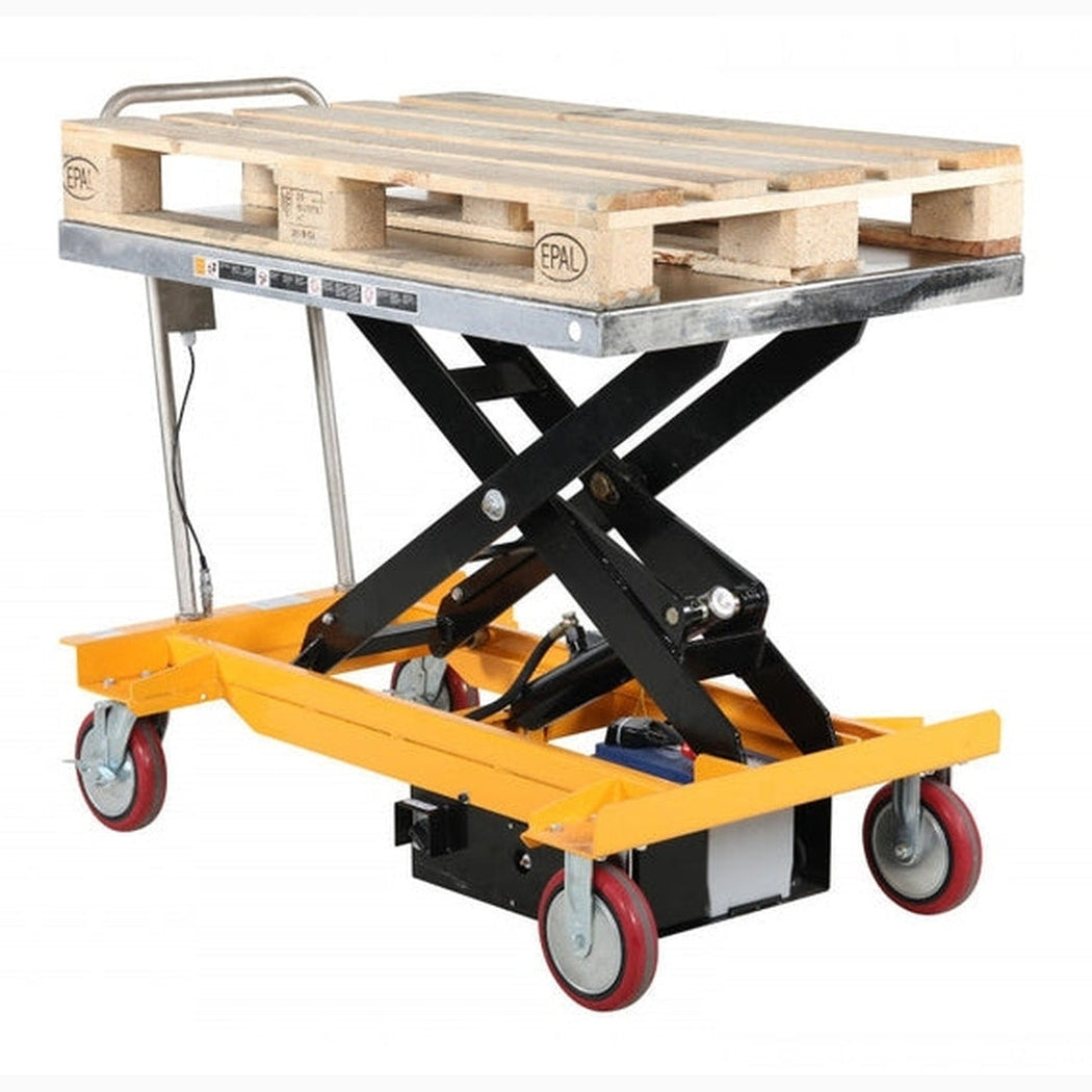 Elektrisk lyftbordvagn 1200x800mm med 1000kg kapacitet, robust design och fjärrkontroll för säker transport.