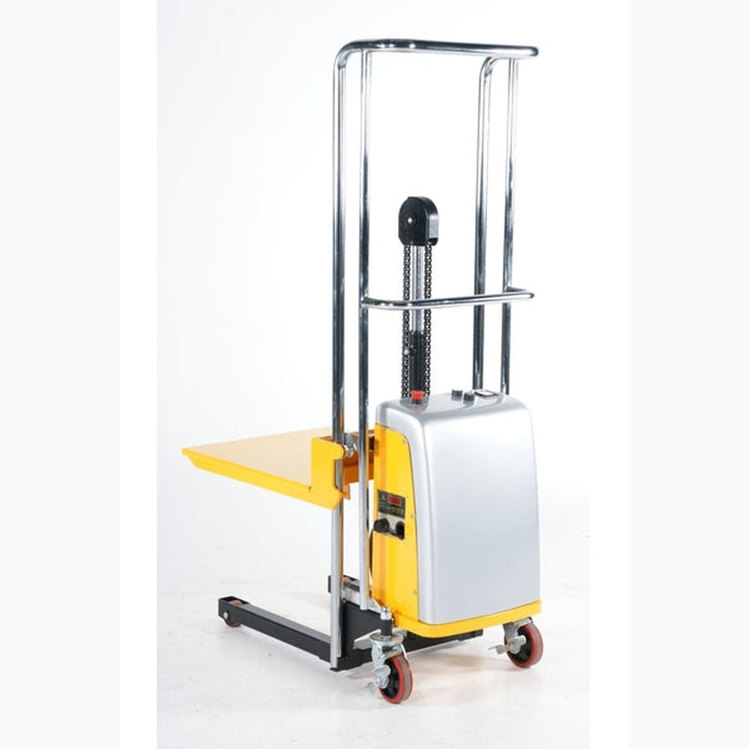 Elektrisk ministaplare, 400kg, 1200-1500mm med justerbar lyfthöjd och hydraulisk funktion för effektiv hantering av tunga laster.